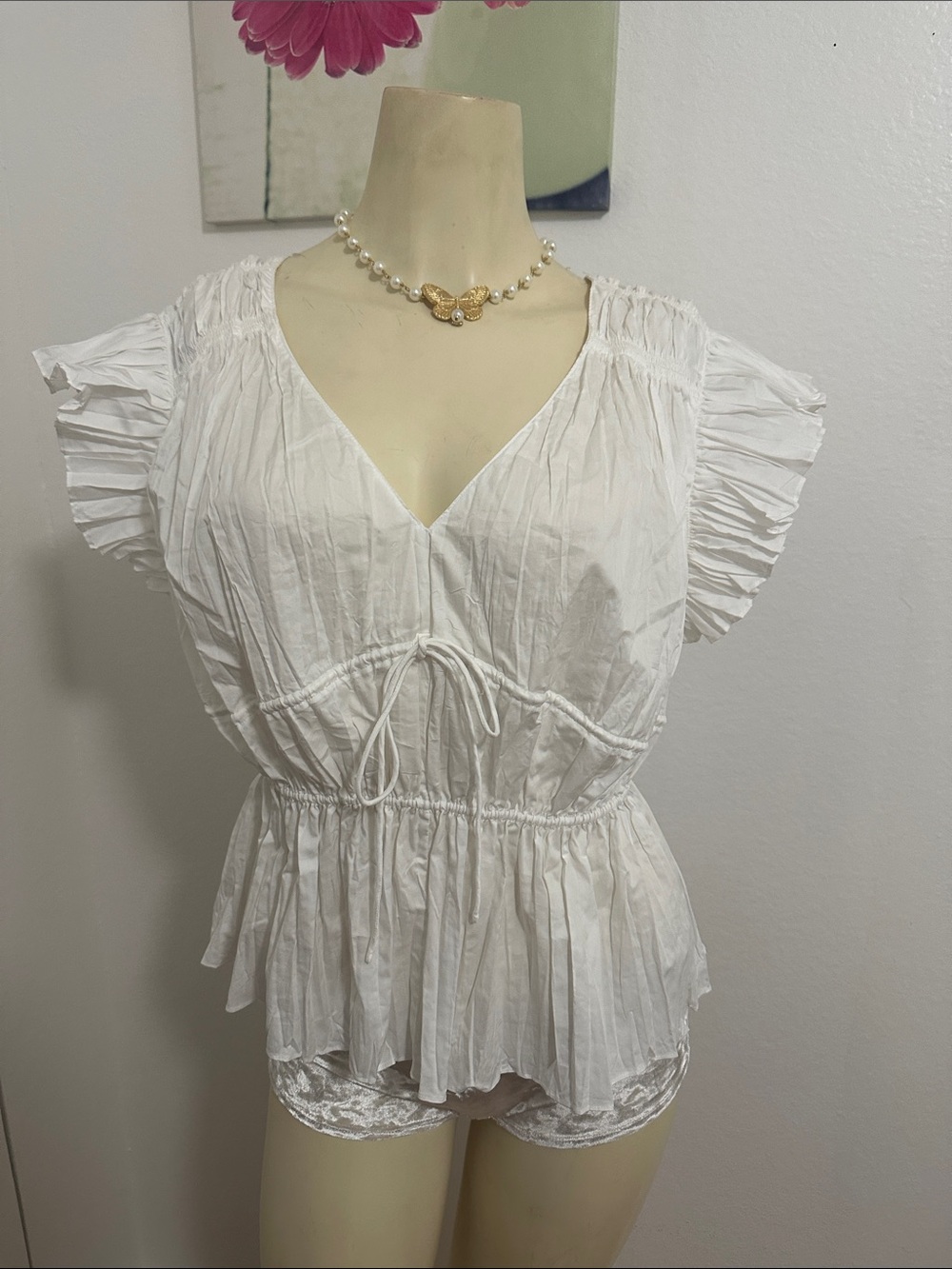 Rebecca Taylor White V-Neck Ruffled Peplum Blouse